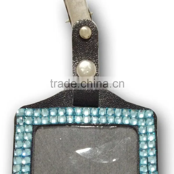 ID Holder With Light Blue Gem, High Quality Promotion Gift PU Leather Badge Holder With Crystal Gem Decoration photo-2