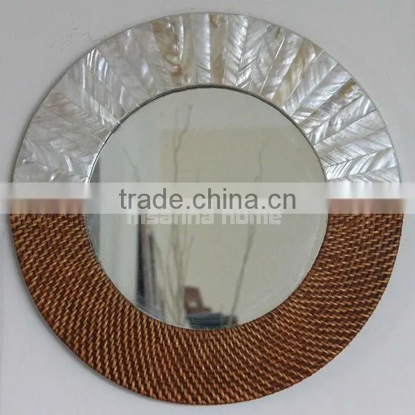 Wall Hang Round Mirror, Natural Mother of Pearl and Rattan Mirror Frame