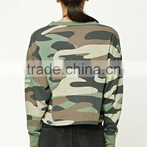 Latest Tops Designs Girls Women Long Sleeves Round Neck Cropped Camo Print Tee Camo Sweatshirts photo-4
