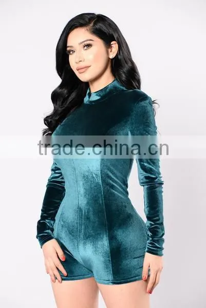Women Velvet Romper Long Sleeve 95% Polyester 5% Spandex Stretch Velvet Designer Suits Designs Short Jumpsuit For Women photo-3