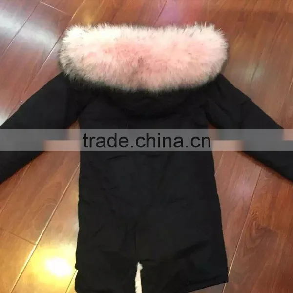 2017 FASHION Women Winter Wear Light Pink Fur Long Black Jacket Raccoon Fur Collar Mrs Furs Parka photo-3