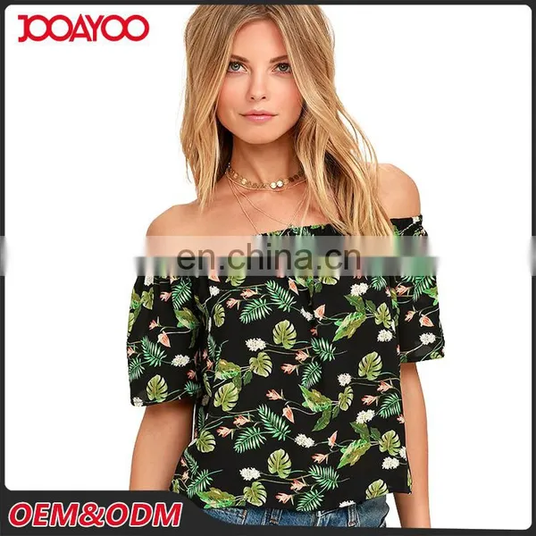 New Fashion Ruffle Floral Print Off The Shoulder Short Sleeves Chiffon Top Latest Long Tops Designs Girls photo-2