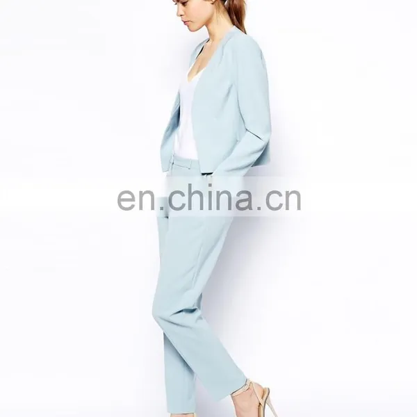 2015 Latest Fashion From China High Quality Women Coat , Short Light Blue Suit Jacket photo-4