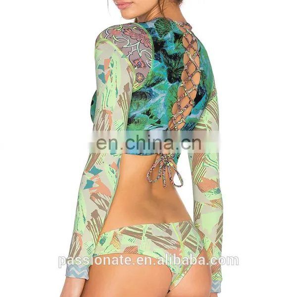 Printed Lace-up Back Sun Protection Rash Guard photo-3