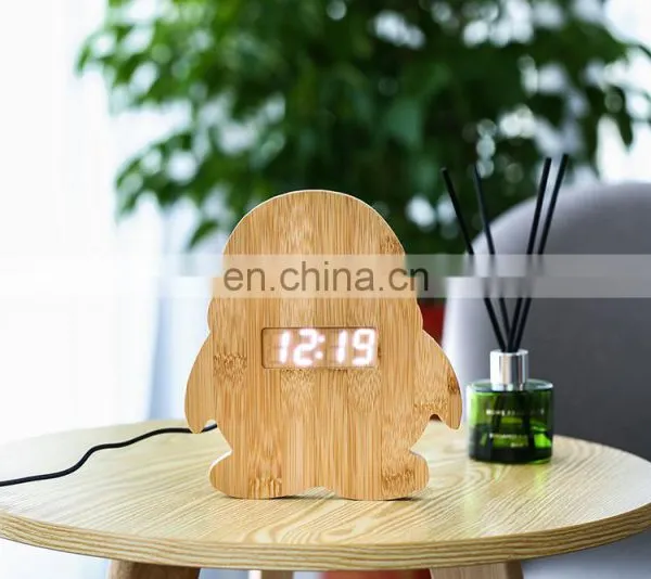 Eco Friendly Animal Penguin Shape Table Top Bamboo Electronic LCD Digital Alarm Clock photo-5