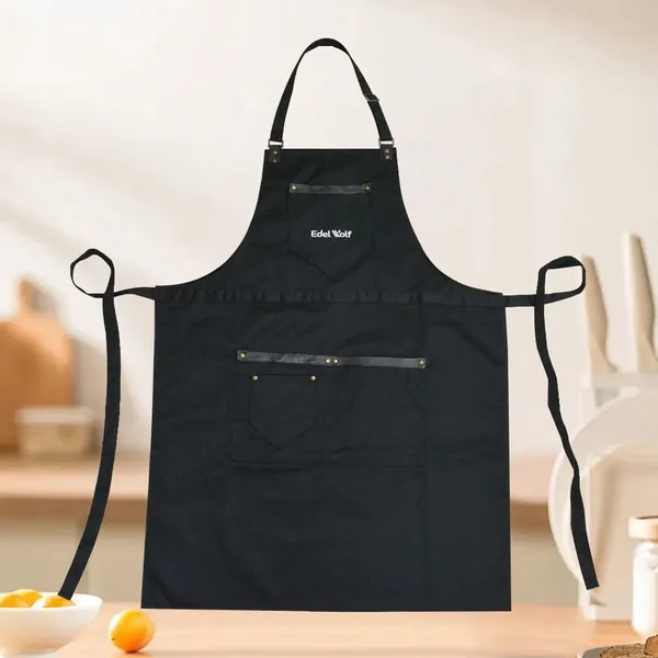 Canvas Work Apron Belt Ornament Zipper Pockets Adjustable Neck Strap Heavy Duty Unisex Kitchen BBQ Gardening Black Apron photo-2