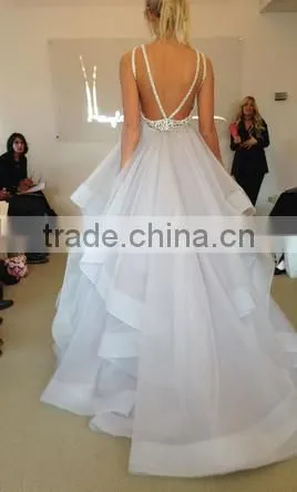 Spaghetti Straps Sweetheart Ivory Organza Wedding Dresses Sexy Open Back Bridal Gowns photo-3