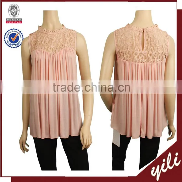 2016 S/S Lace Neck Women Sleeveless Pink Summer Pleated Blouse