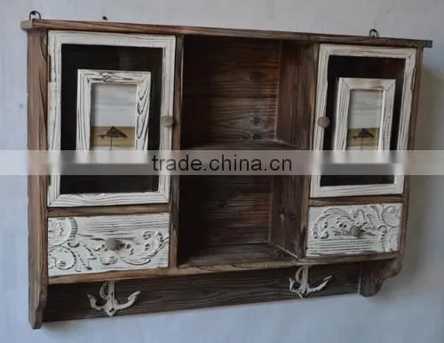 Antique Decorative Wall Wood Carved Cabinet With Drawers and Hooks photo-2