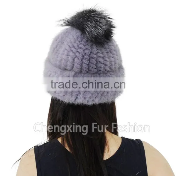 CX-C-239G Women Fashion Fox Fur Pom Pom Winter Knitted Mink Fur Hat And Cap photo-2