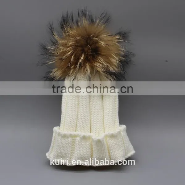 Winter Kids Fur Pom Pom Hats Baby Knitted Beanie 100% Real Raccoon Fur Cap For Boy Girl photo-6