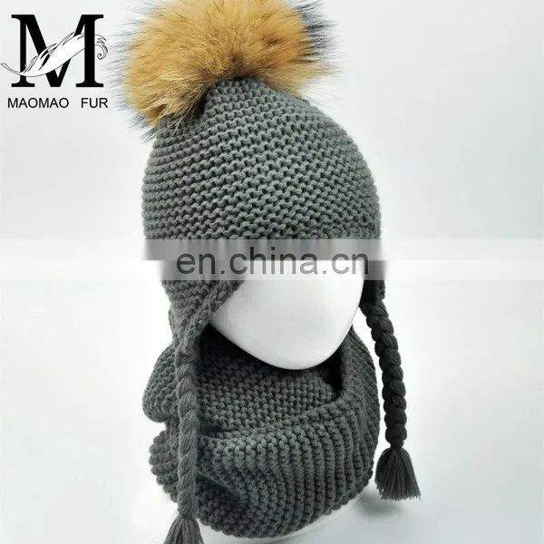 Kids Customized Design Wool Collar Raccoon Fur Pom Cashmere Knitted Hat and Scarf photo-5