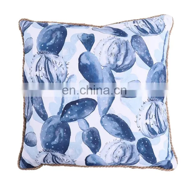 Custom Polyester Waterproof Blue Outdoor Cushion Luxury Covers Cactus Pattern With Linen Fringes photo-2
