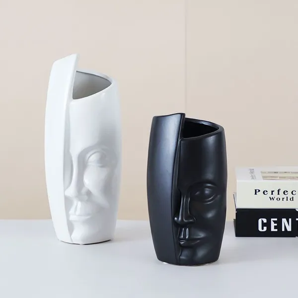 Creativity Matte White Black Face Ceramic Vase Decor Decoration, Flower Arrangement photo-2