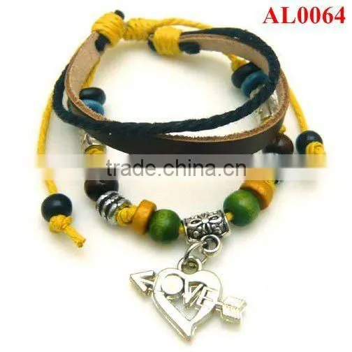 Unique Macrame Bracelet With Yellow Wax Cord, Alloy Leather Bracelet With an Arrow Wearring Heart Pendant AL0064