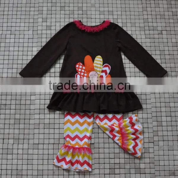 Newborn Handmade Turkey Embroidery Long Sleeve Top and Pant Thanksgiving Outfits