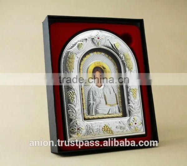 Greek & Russian Orthodox Big Wooden Icon. Christ Pantocrator. Silver Edging photo-3