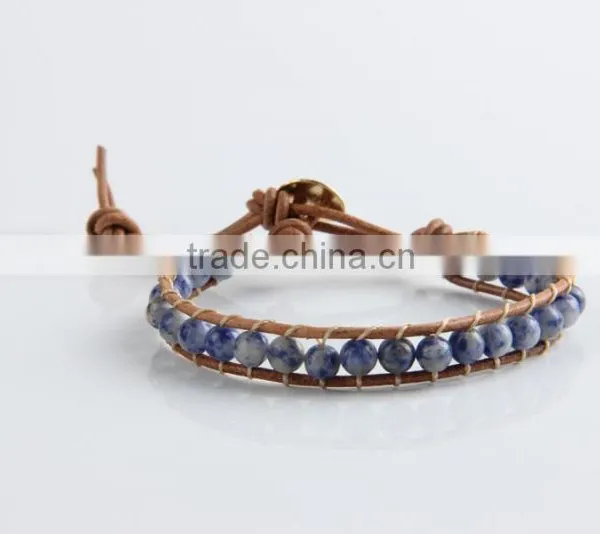 Newest Popular White &blue Stone Leather Bracelet Woven Lap 6 mm Wear Bracelet All Hand Needle for Women Chain Bracelet photo-4