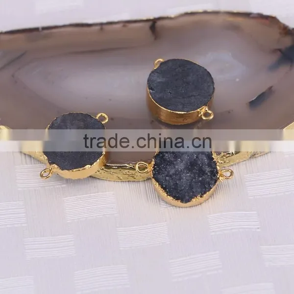 Black Druzy Quartz Stone Connector Beads, Round Shape Gold Plated Crystal Drusy Beads For Jewelry Making photo-2