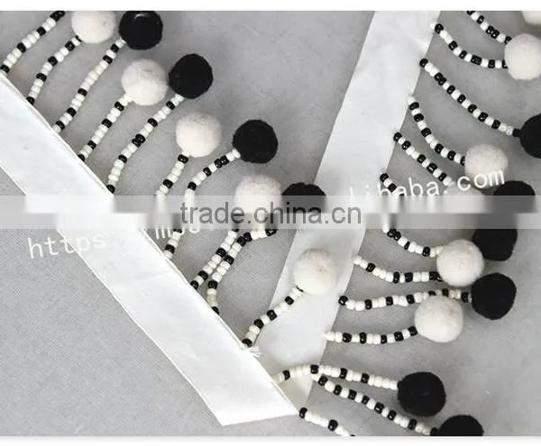 Newest 7cm Width Black/white Handmade Beaded Pom Pom Fringe Wholesales photo-5