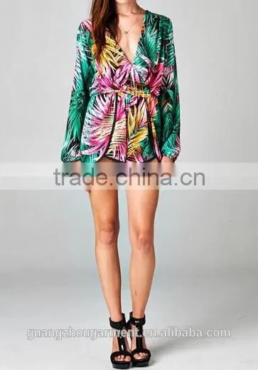 2014 Long Loose Sleeve Print Pattern Casual Wrap Ruffle Romper Jumpsuit for American Street Women photo-4