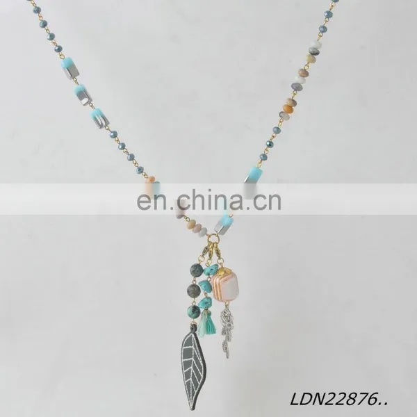 Bohemian Long Amazonite Beaded Leather Necklace With Turquoise and Leather Leaves Pendant photo-3