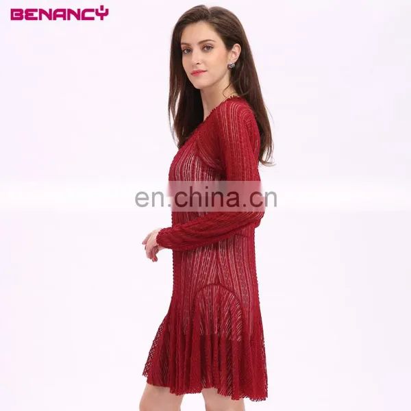 2017 New Full Sexy Burgundy Color Lace Party Dress for Mature Woman photo-3