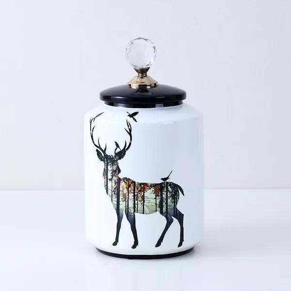 European Simple Style New Cylinder Deer Painting Ceramic Flower Vases Tableware Decoration With Crystal Lid For Home photo-2