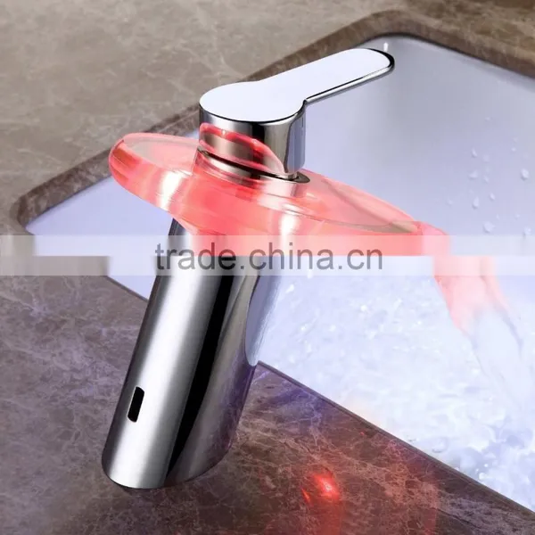 Color Changing LED Waterfall Bathroom Sink Faucet With Glass Spout Quality Choice photo-2