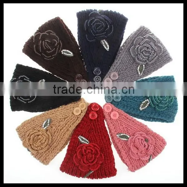 Colorful Crochet Cable Knitted Headband, Jeweled Ear Warmer, Embellished Flower, Fashion Accessory photo-2