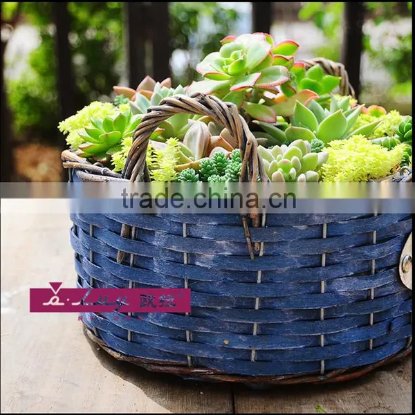 Round Wood Chip Blue Flower Basket photo-2