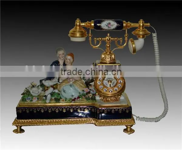 Antique Curio Ceramic Telephone Table Clock, Gold Plated Brass Footed Desk Clock, Collectable Home Decorative Table Clock photo-5