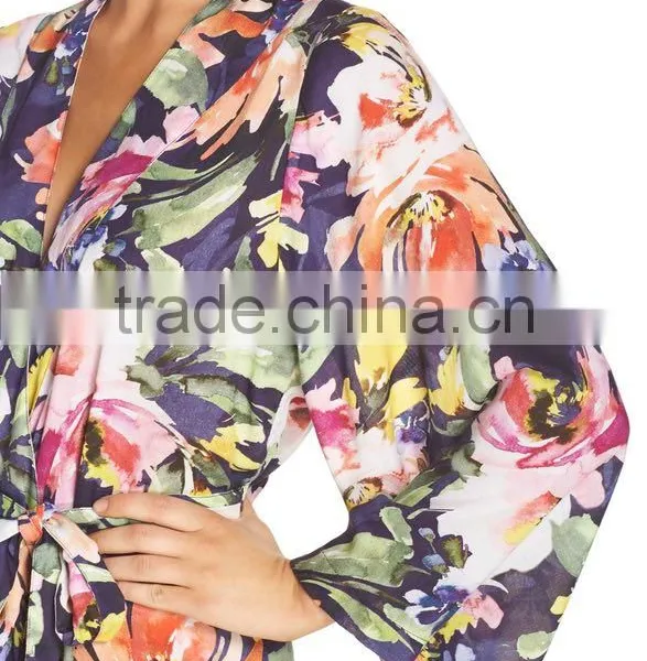 Floral Print Janpanese Kimono Style Robe for Women Long Sleeve Silk Kimono Robes Wholesale Custom Made photo-5