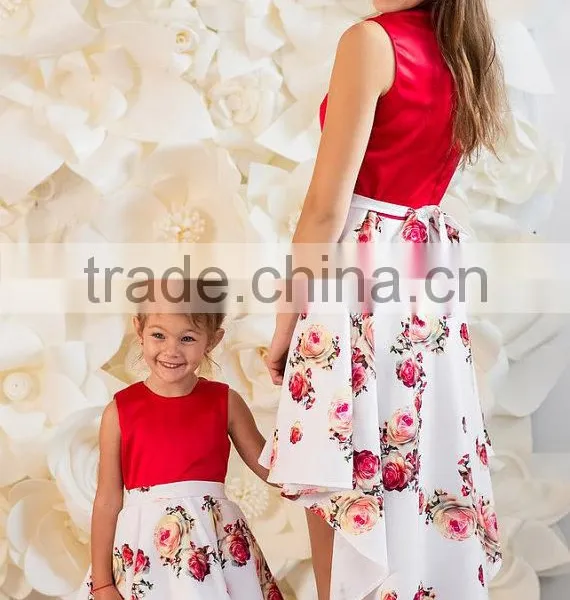 Red Floral Print Mother And Daughter Family Look Maxi Size Baby Tutu Dress Long Dress photo-2