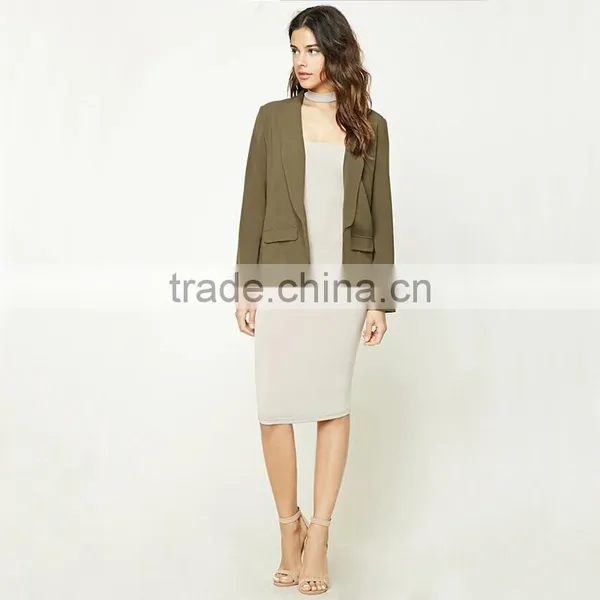 Ladies Office Open Front Dropped Lapels Longline Silhouette Blazer Coat photo-2
