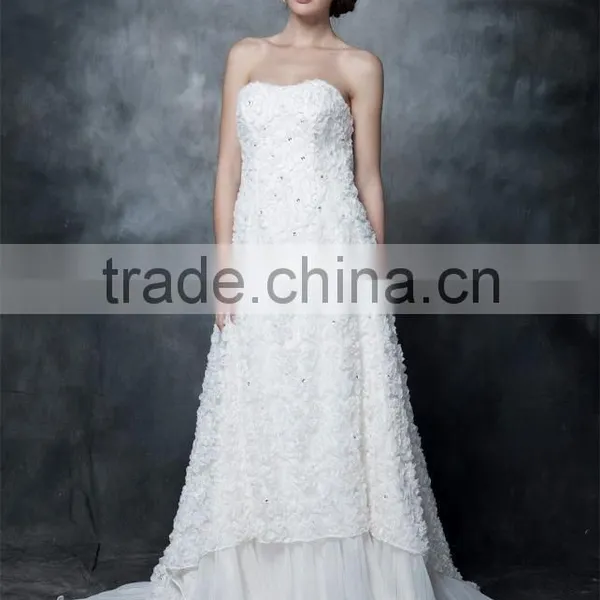 Gorgeous A-line Strapless Chapel Train Pleated Organza and Satin Wedding Dress AS29002 photo-3