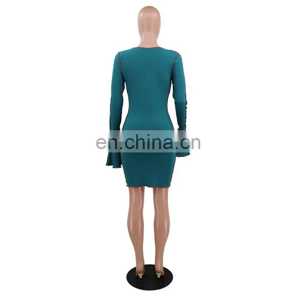 Women Bodycon Dress Long Sleeve Autumn New Arrival Long Sleeve Pit Stripe Solid Color Lace Up Women Dress photo-4