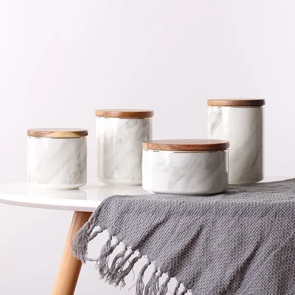 Nordic Fashion Hand Made Marble Ceramic Seal Storage Pot Canisters With Cover For Coffee Tea Candy photo-3