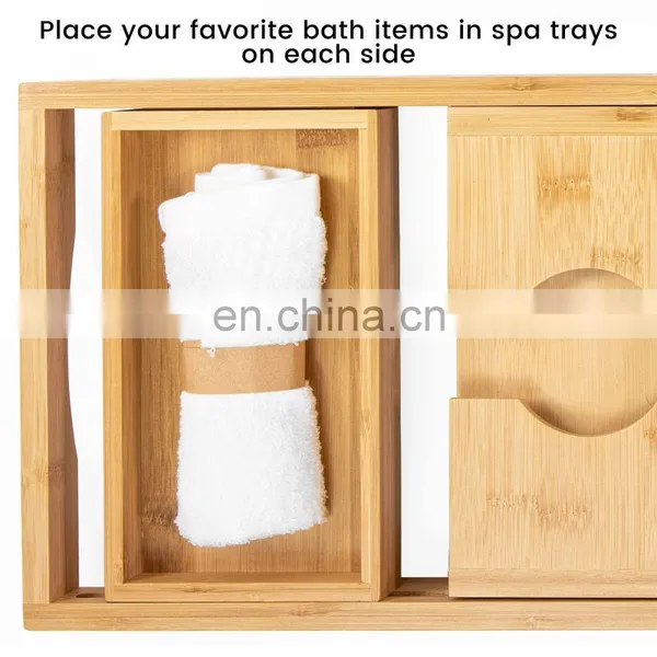 Luxury Extendable Bathtub Caddy Trays Natural Bamboo Bathroom Bed Organizer Tray Bamboo Bathtub Caddy Tray photo-5