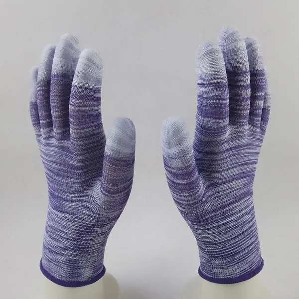 Purple and White Polyester Knitted PU Fingers Coated Safety Work Gloves Anti-dirt Breathable Comfortable Flexible photo-4