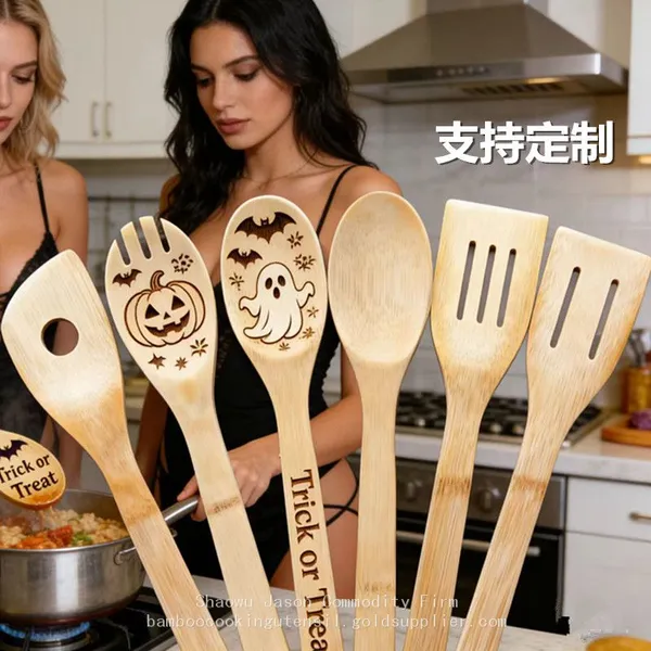 Bamboo cooking spoon set burned bamboo utensils engraved kitchenwares Wholesale