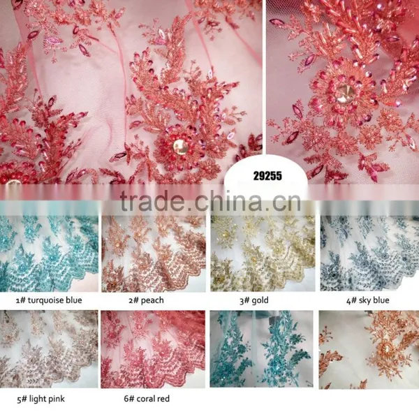 2015 New Arrival High Quality French Net Beaded Lace Fabric Turquoise Blue French Lace Fabric photo-2
