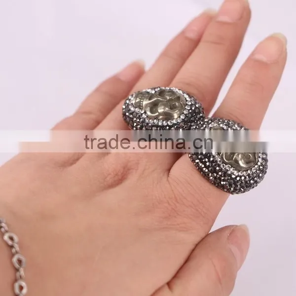 Pyrite Stone Rings, Bronze, Gem Carved Skull Pyrite Rings Metallic Stone Druzy Ring photo-5
