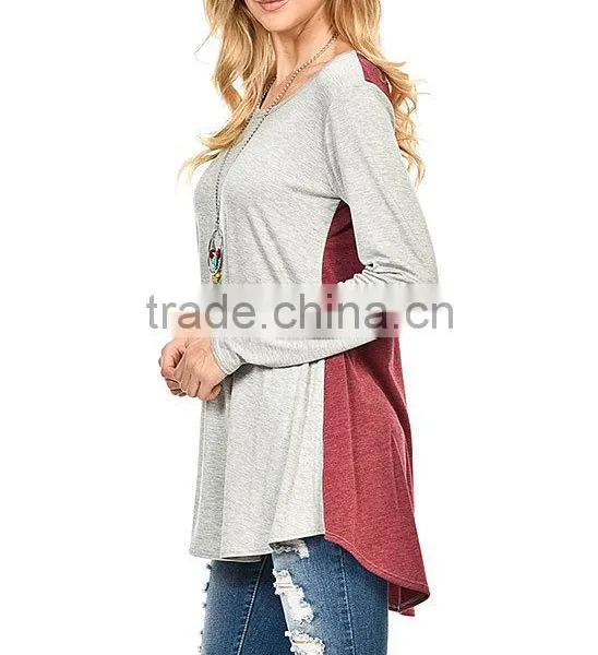 Women Fashion Long Sleeve Heather Gray Charcoal Color Block Hi-Low Tunic Tops Blouses Wholesale photo-6