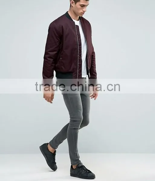 High Quality New Design Durable Zip Fastening Baseball Collar 100% Cotton Sweat Burgundy Casual Men Sport Solid Bomber Jacket photo-4