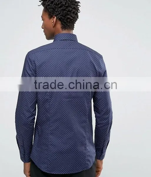 High Quality Long Sleeve Spread Collar Mens Pre-Shrunk 100% Cotton Breathable Slim Fit Casual Navy Point Printed Dress Shirts photo-2