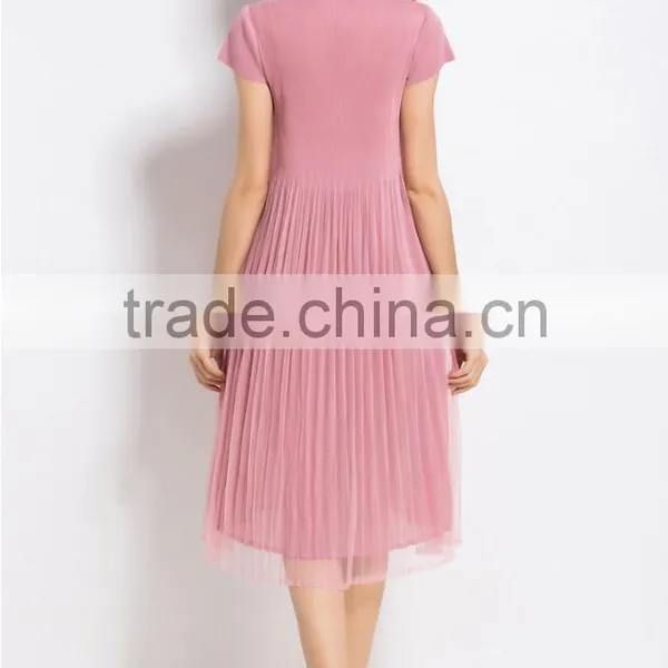Plain Solid Color Woman Knee Length Folding Dress With Mesh photo-4