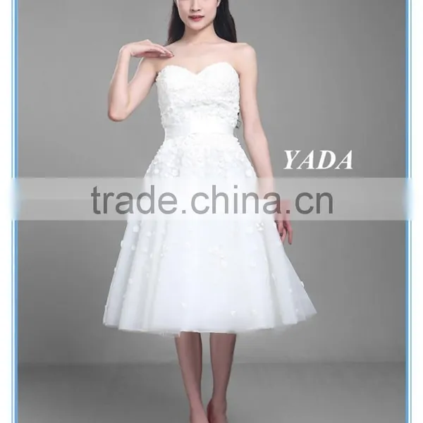 Pretty Off Shoulder Tulle Handmade Appliques Knee Length Wedding Dress photo-5