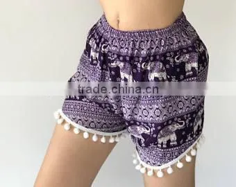 Vintage Bohomian Hippies Gypsy Girls Womens Pom Pom Trimming Shorts Elephant Ethnic Cotton Printed Ladies Viscose Beach Casual photo-6