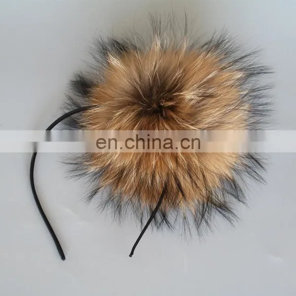 Natural Color Jumbo Raccoon Fur Pompom Accessory Hairband Hair Hoop photo-3